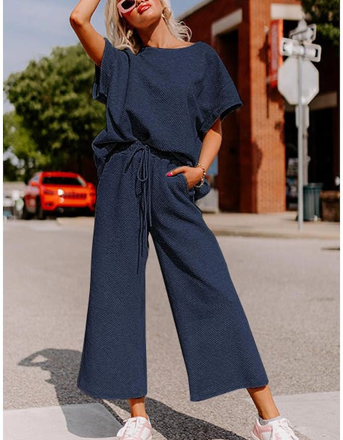 Navy Blue Textured Loose Fit T Shirt and Drawstring Pants Set