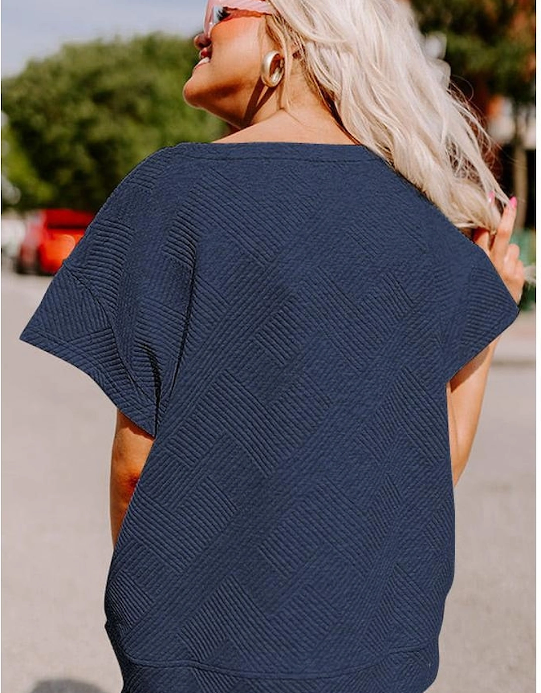 Navy Blue Textured Loose Fit T Shirt and Drawstring Pants Set