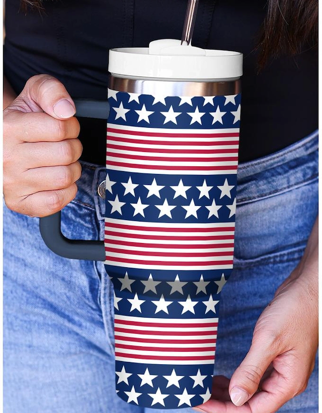 Bluing Stars and Stripes Print Handled Thermos Cup 40oz, 10 of 9