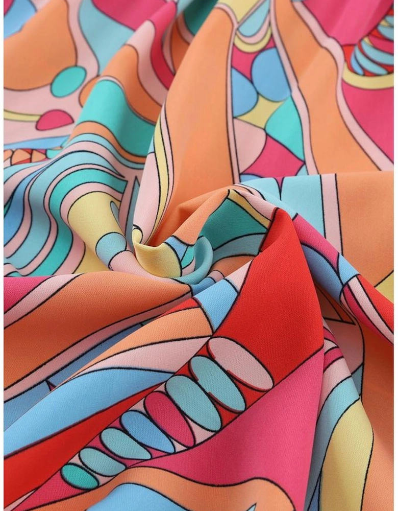 Multicolor Abstract Geometry Print Half Puff Sleeve Loose Shirt