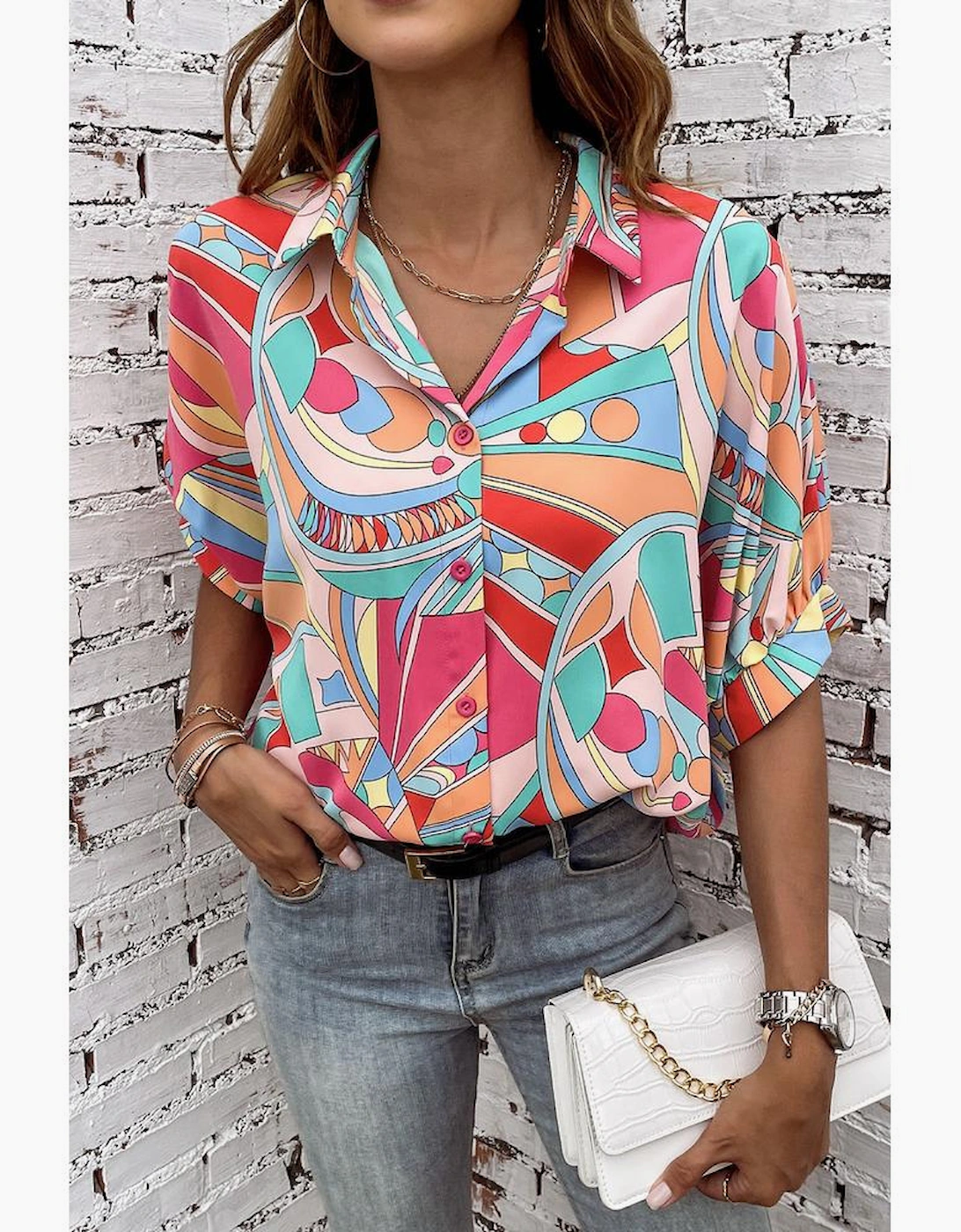 Multicolor Abstract Geometry Print Half Puff Sleeve Loose Shirt