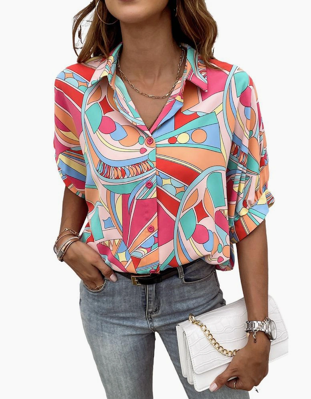 Multicolor Abstract Geometry Print Half Puff Sleeve Loose Shirt, 17 of 16