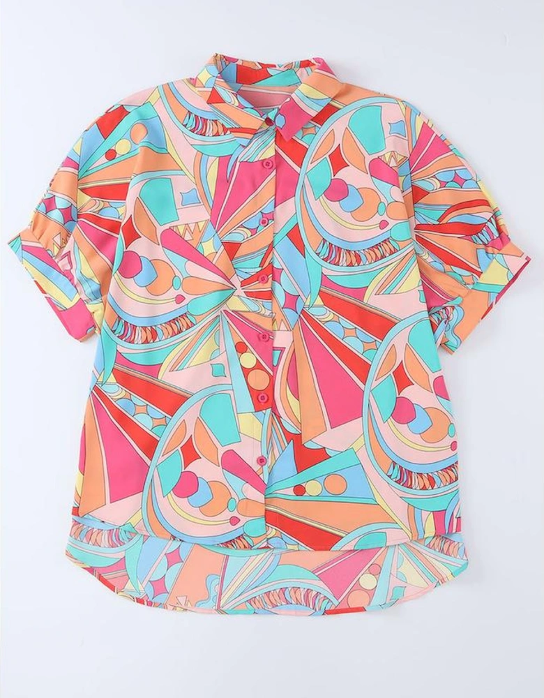 Multicolor Abstract Geometry Print Half Puff Sleeve Loose Shirt