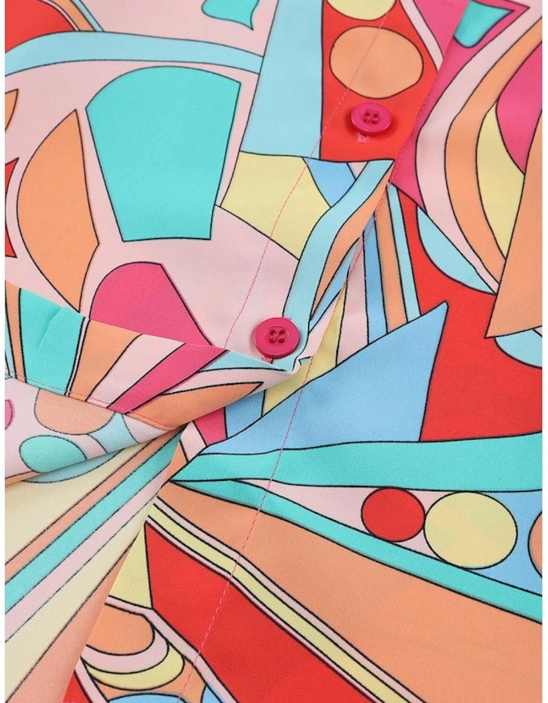 Multicolor Abstract Geometry Print Half Puff Sleeve Loose Shirt