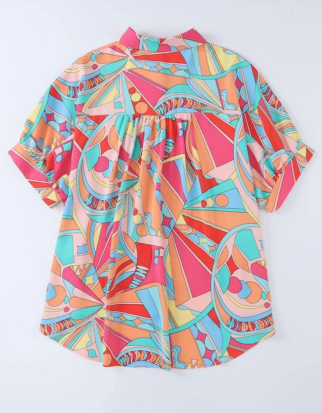 Multicolor Abstract Geometry Print Half Puff Sleeve Loose Shirt
