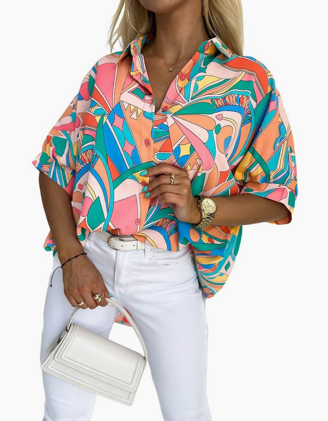 Multicolor Abstract Geometry Print Half Puff Sleeve Loose Shirt
