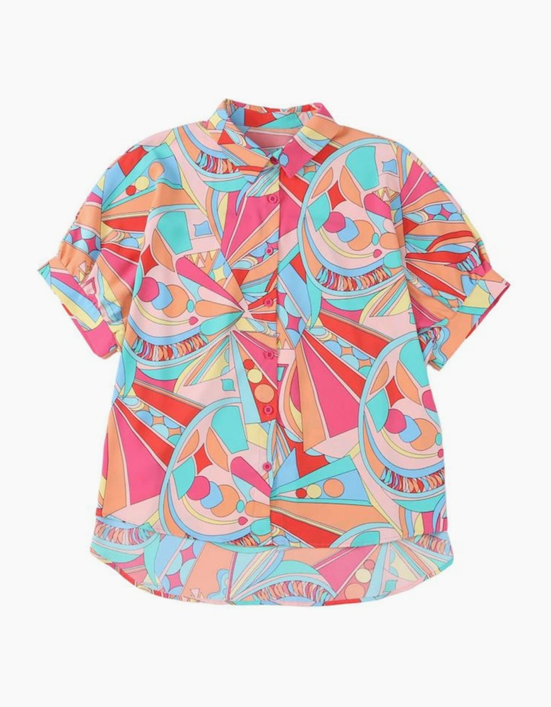 Multicolor Abstract Geometry Print Half Puff Sleeve Loose Shirt