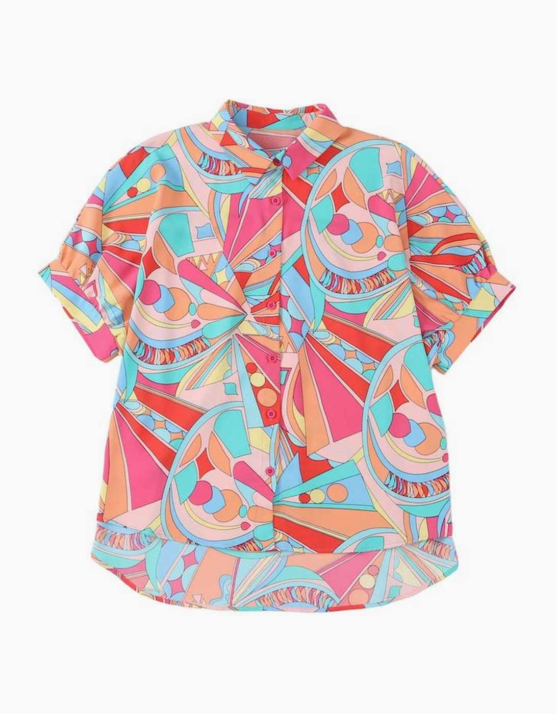 Multicolor Abstract Geometry Print Half Puff Sleeve Loose Shirt