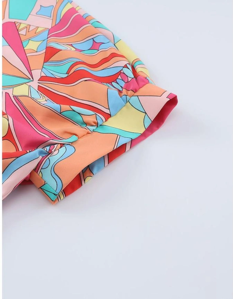 Multicolor Abstract Geometry Print Half Puff Sleeve Loose Shirt