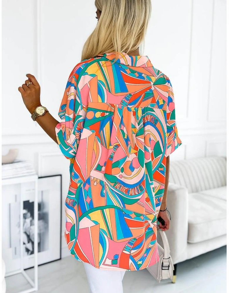 Multicolor Abstract Geometry Print Half Puff Sleeve Loose Shirt
