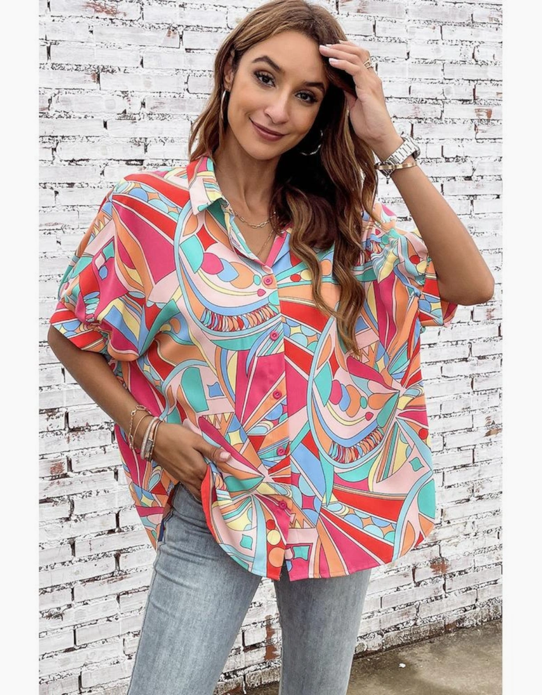 Multicolor Abstract Geometry Print Half Puff Sleeve Loose Shirt