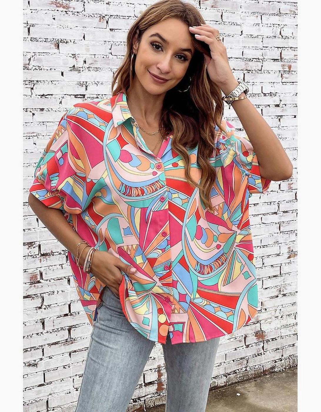 Multicolor Abstract Geometry Print Half Puff Sleeve Loose Shirt