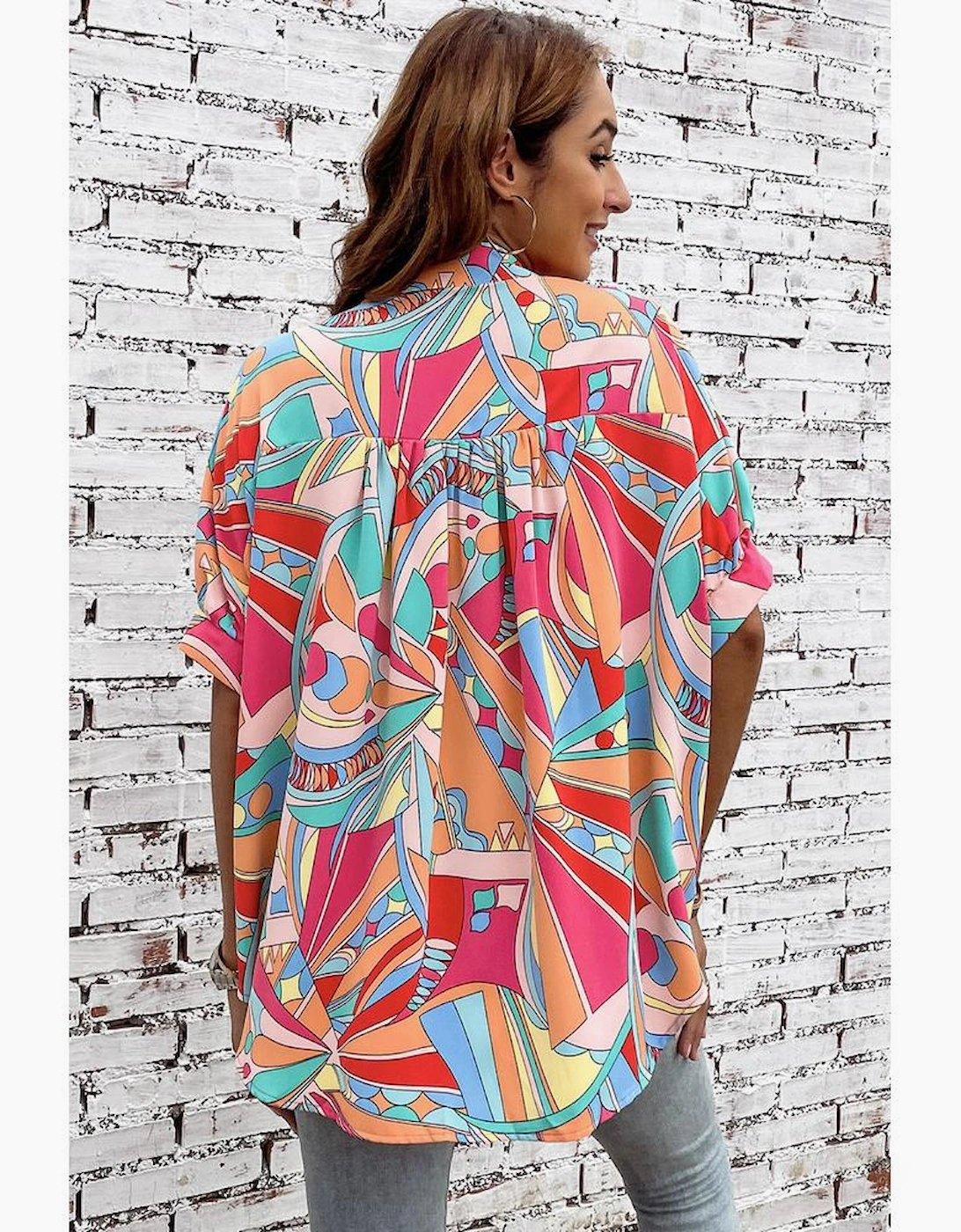 Multicolor Abstract Geometry Print Half Puff Sleeve Loose Shirt