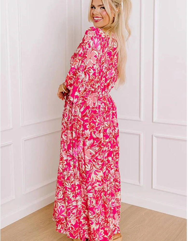 Rose Plus Size Floral V Neck Wide Sleeve Maxi Dress