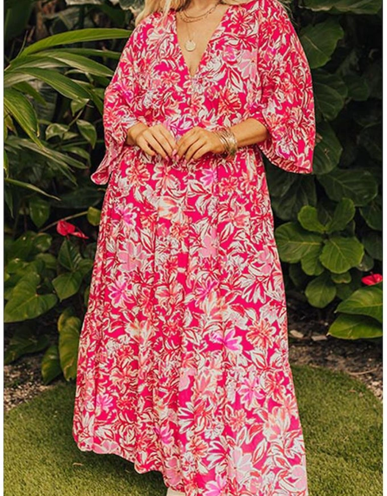 Rose Plus Size Floral V Neck Wide Sleeve Maxi Dress
