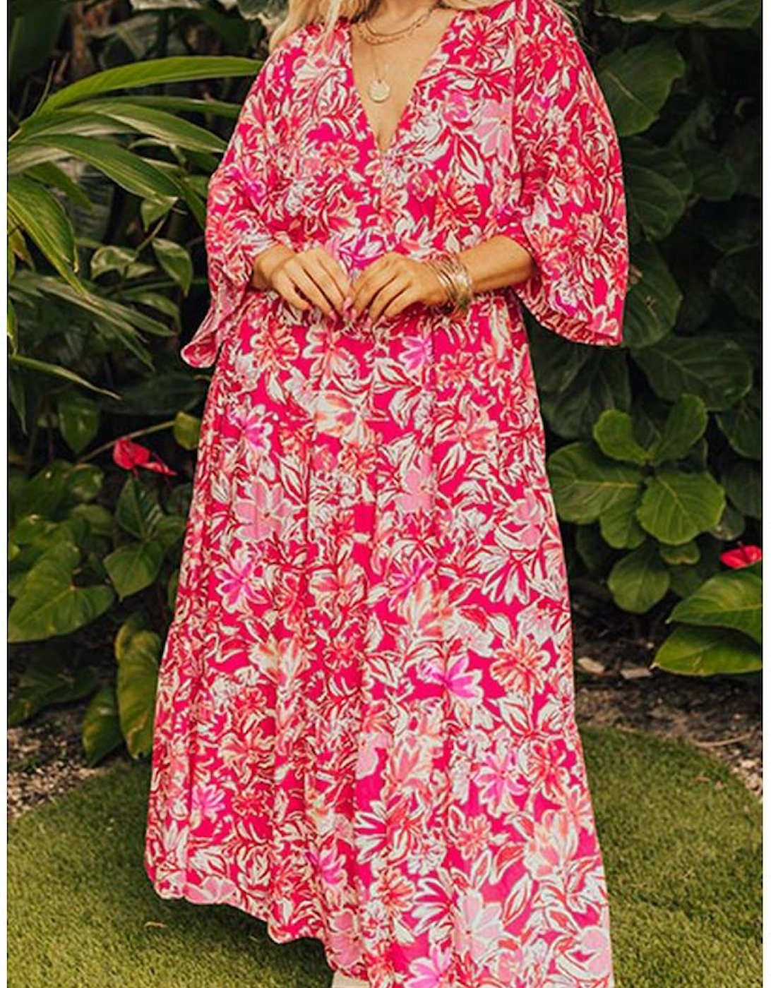 Rose Plus Size Floral V Neck Wide Sleeve Maxi Dress