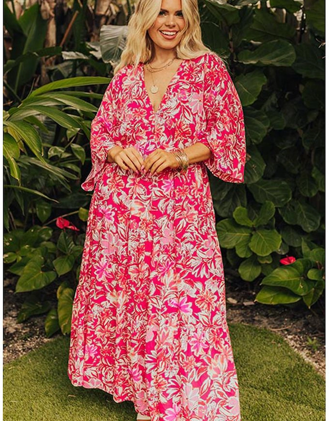 Rose Plus Size Floral V Neck Wide Sleeve Maxi Dress