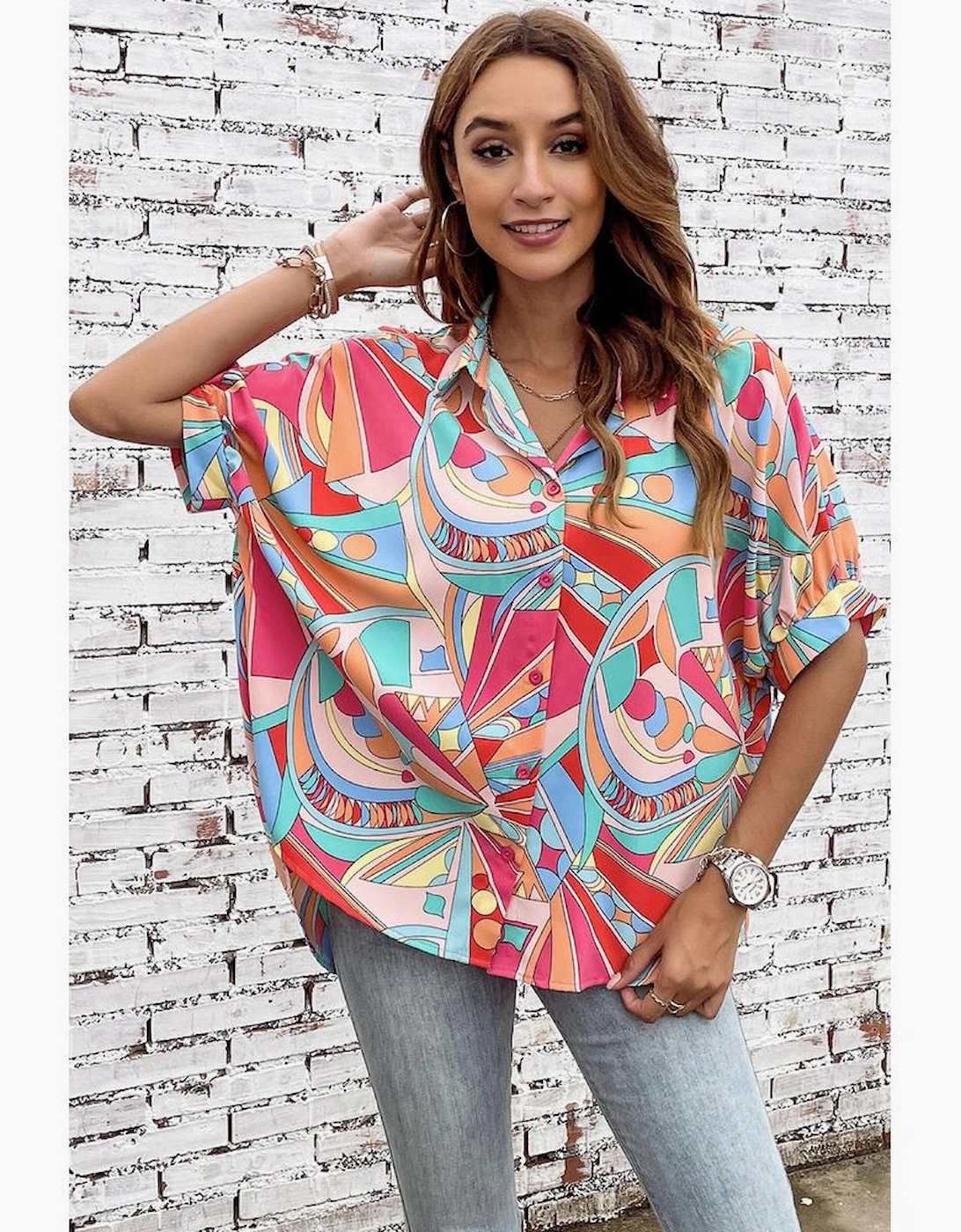 Multicolor Abstract Geometry Print Half Puff Sleeve Loose Shirt