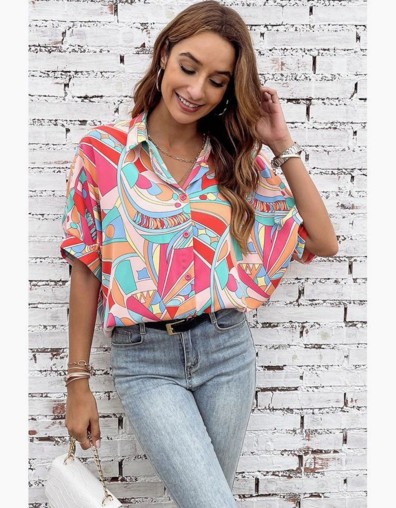 Multicolor Abstract Geometry Print Half Puff Sleeve Loose Shirt