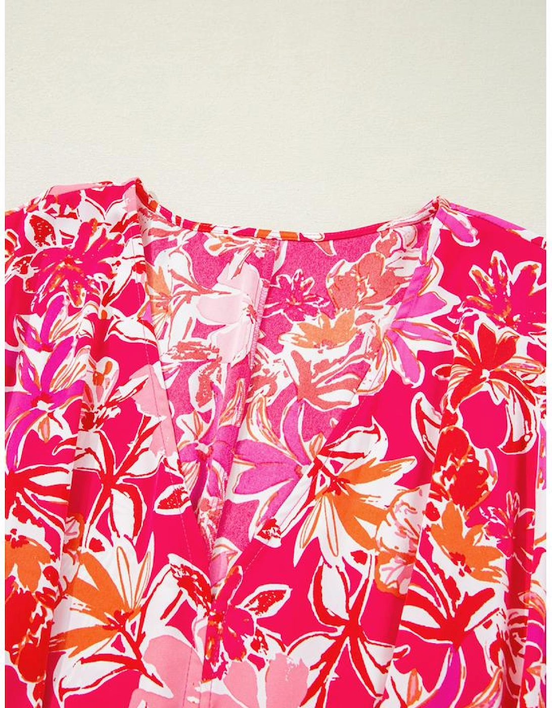 Rose Plus Size Floral V Neck Wide Sleeve Maxi Dress