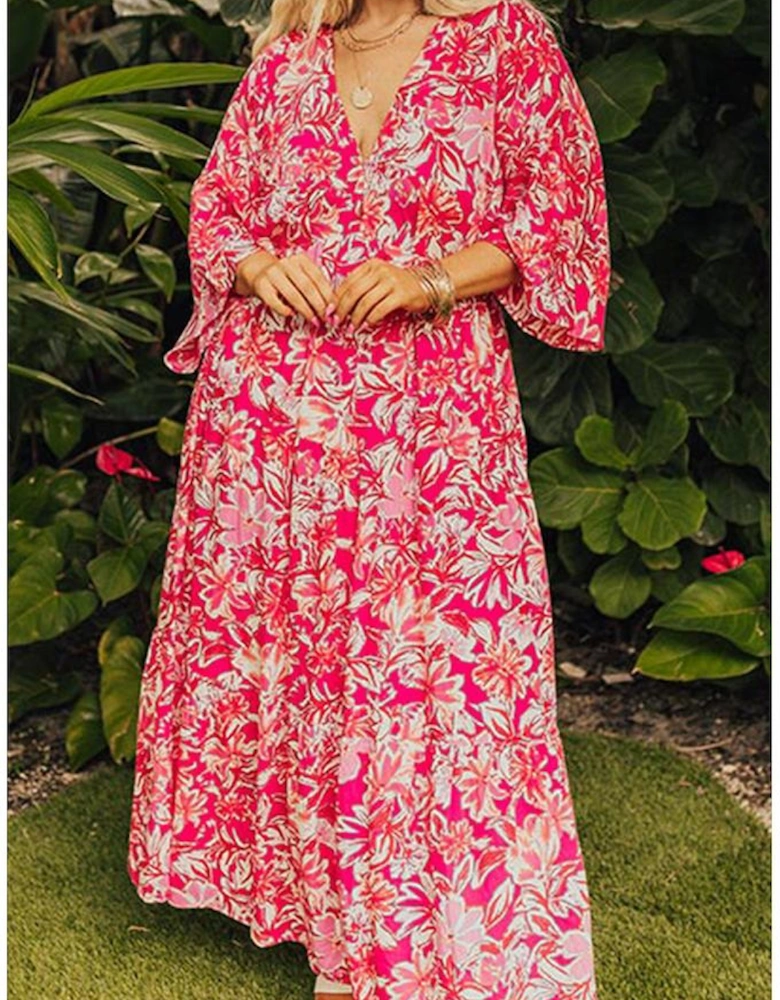 Rose Plus Size Floral V Neck Wide Sleeve Maxi Dress
