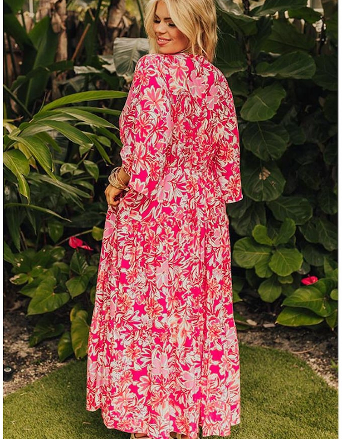 Rose Plus Size Floral V Neck Wide Sleeve Maxi Dress