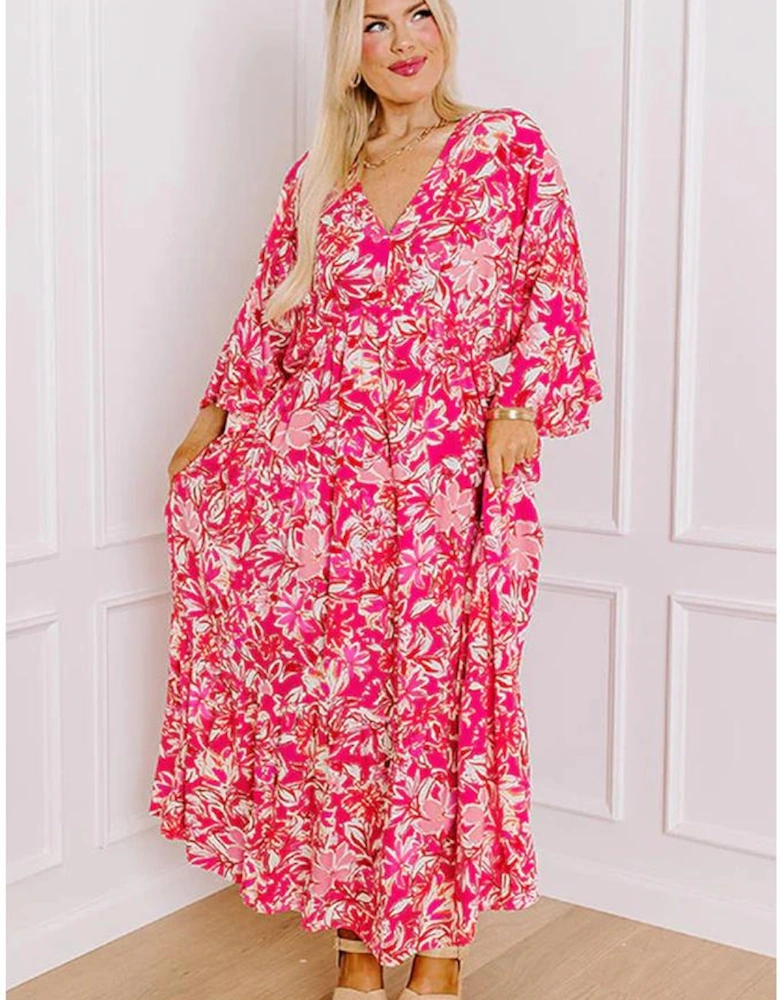 Rose Plus Size Floral V Neck Wide Sleeve Maxi Dress