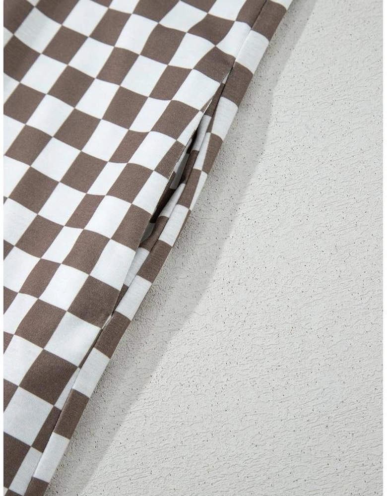 Khaki Checkered Print Buttoned Crew Neck Wide Leg Jumpsuit