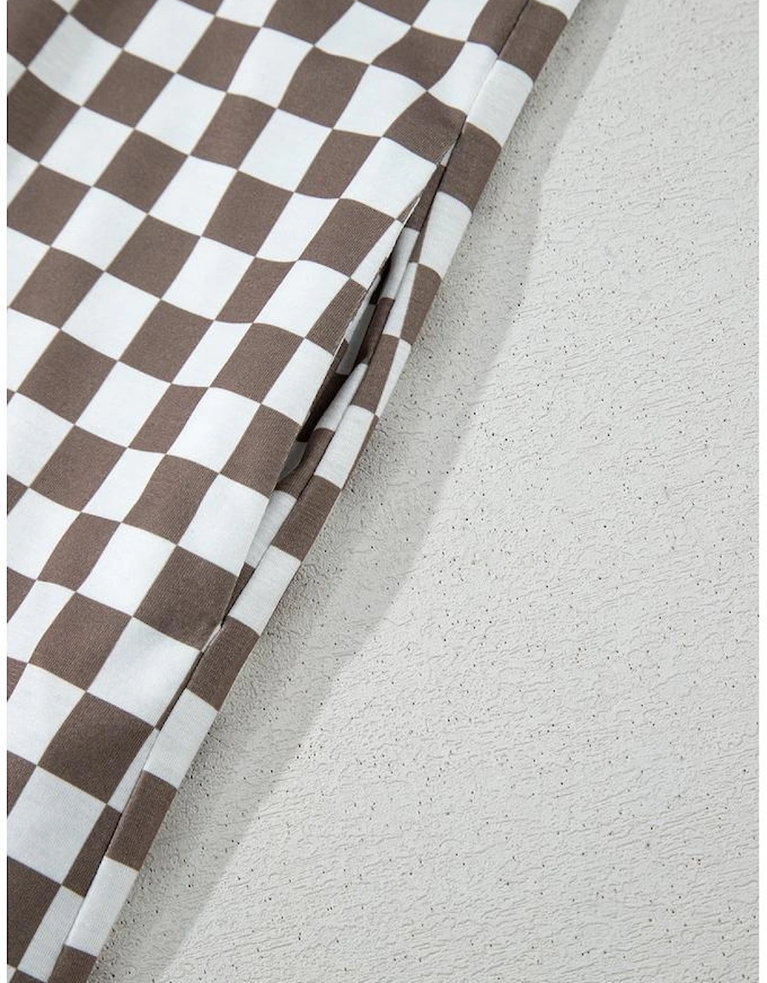 Khaki Checkered Print Buttoned Crew Neck Wide Leg Jumpsuit