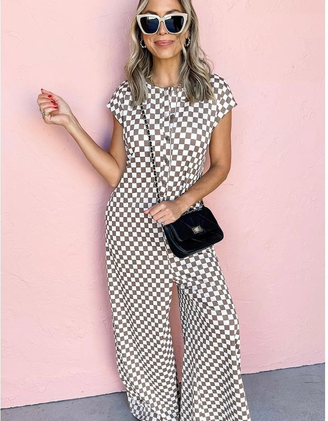 Khaki Checkered Print Buttoned Crew Neck Wide Leg Jumpsuit