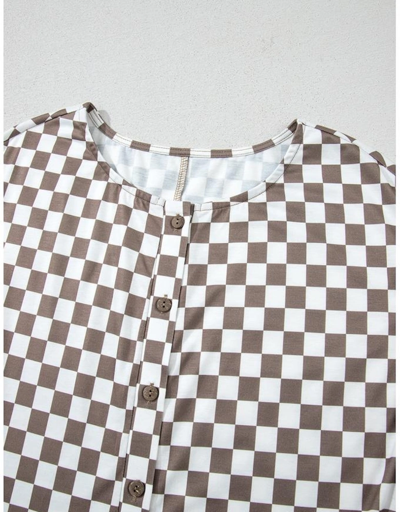 Khaki Checkered Print Buttoned Crew Neck Wide Leg Jumpsuit