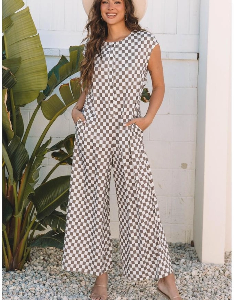 Khaki Checkered Print Buttoned Crew Neck Wide Leg Jumpsuit