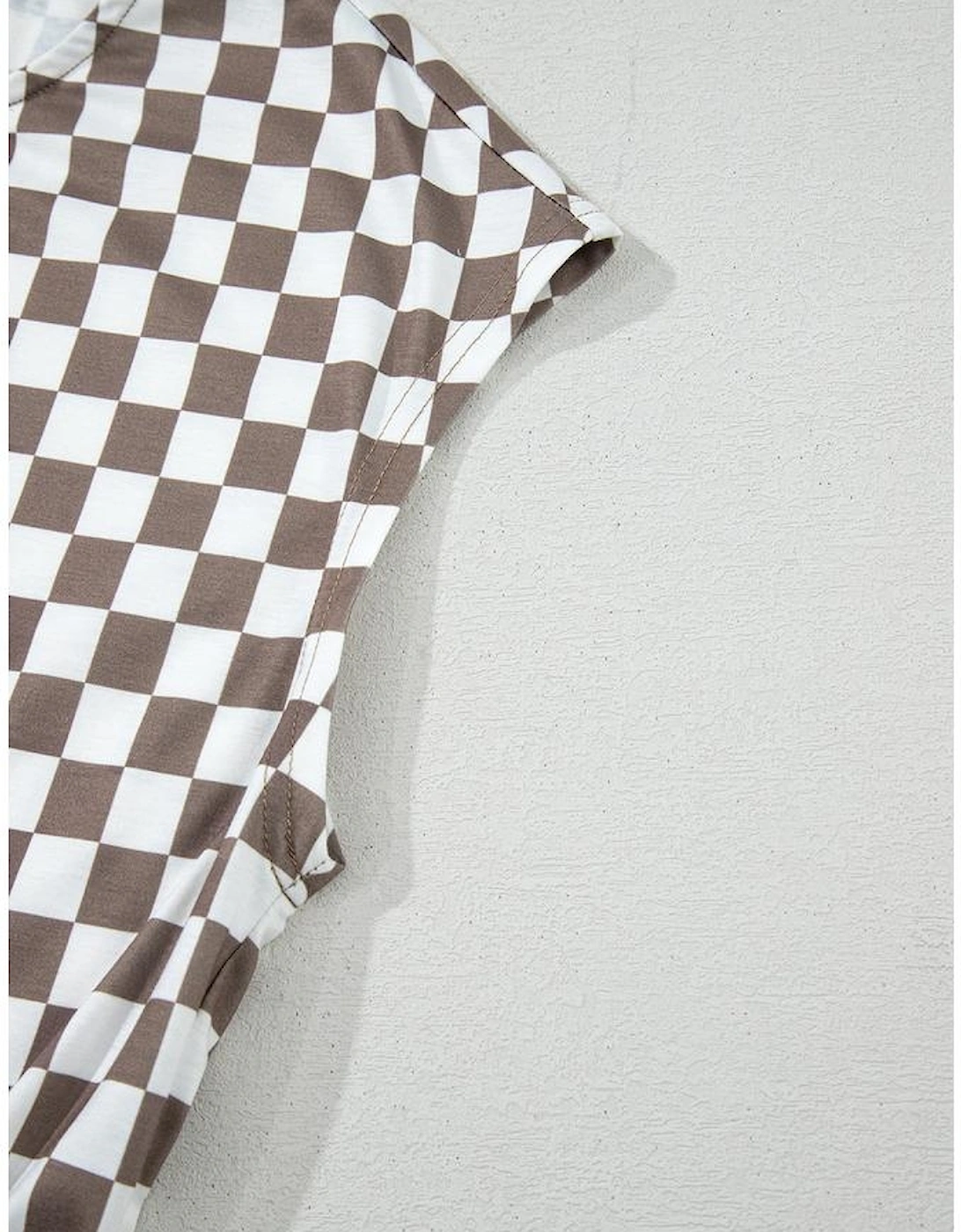 Khaki Checkered Print Buttoned Crew Neck Wide Leg Jumpsuit