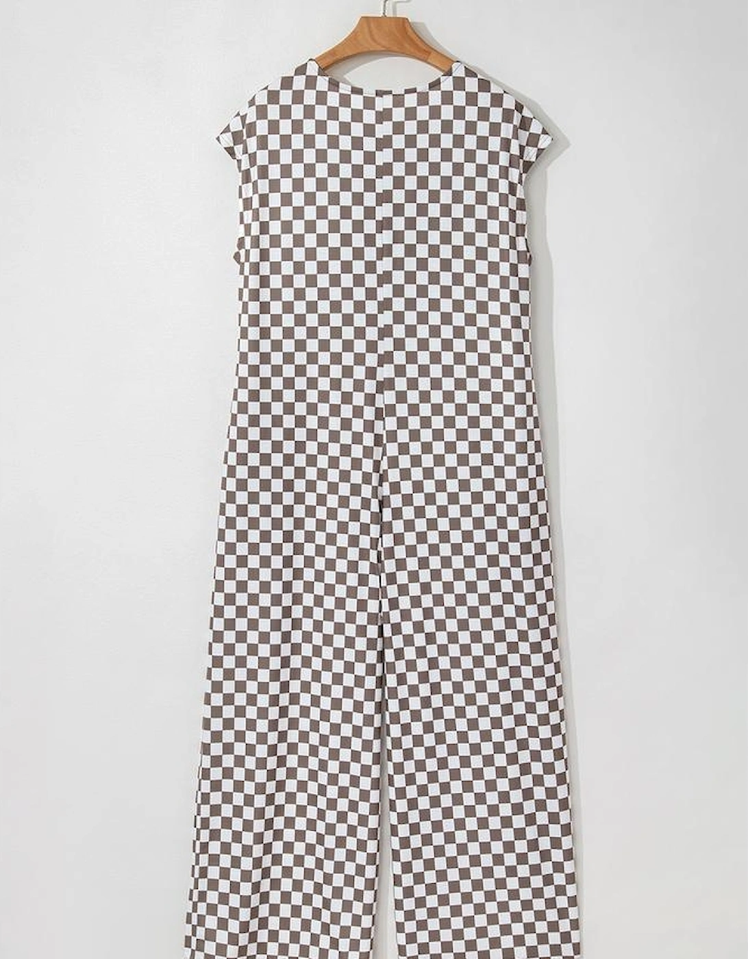 Khaki Checkered Print Buttoned Crew Neck Wide Leg Jumpsuit, 16 of 15