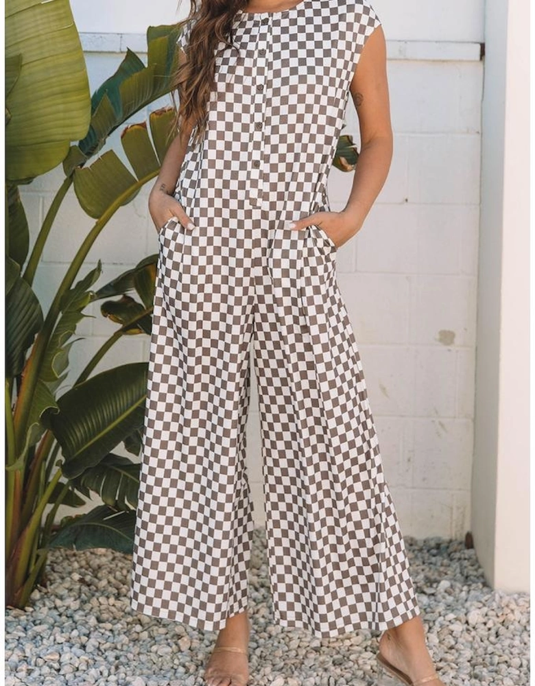 Khaki Checkered Print Buttoned Crew Neck Wide Leg Jumpsuit