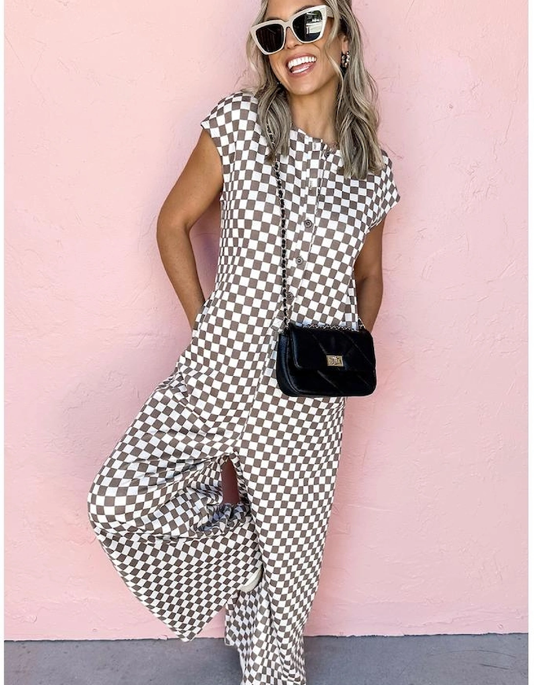 Khaki Checkered Print Buttoned Crew Neck Wide Leg Jumpsuit