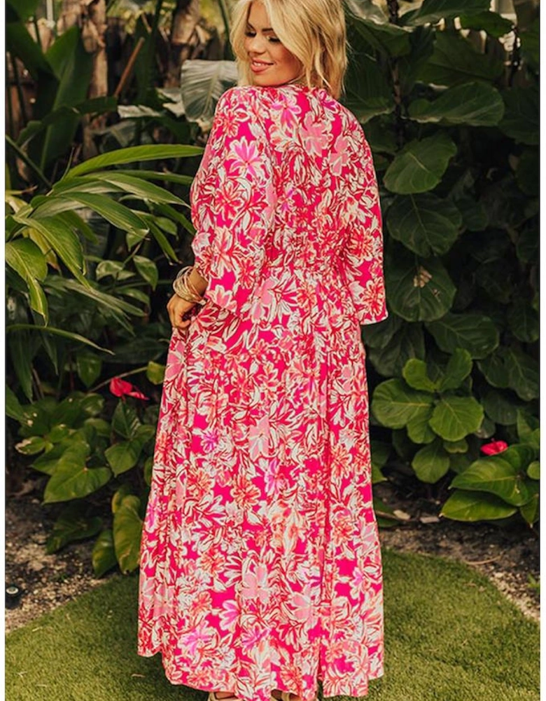 Rose Plus Size Floral V Neck Wide Sleeve Maxi Dress