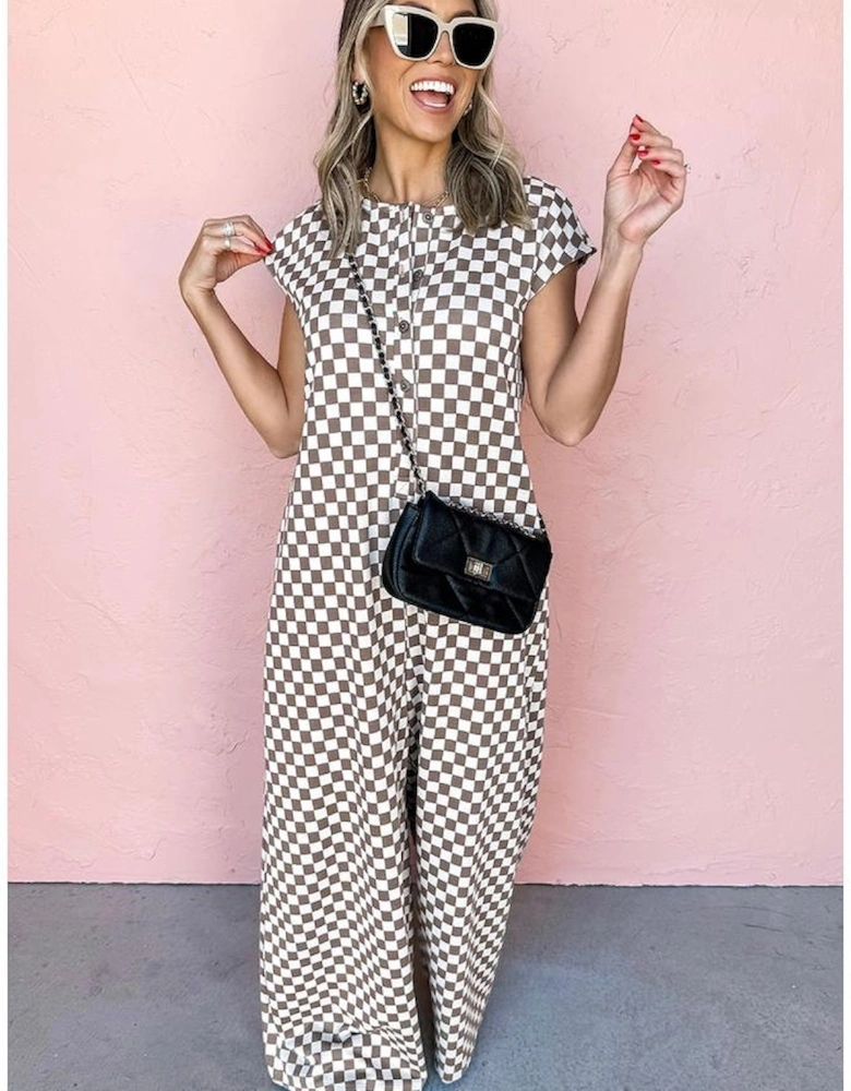 Khaki Checkered Print Buttoned Crew Neck Wide Leg Jumpsuit