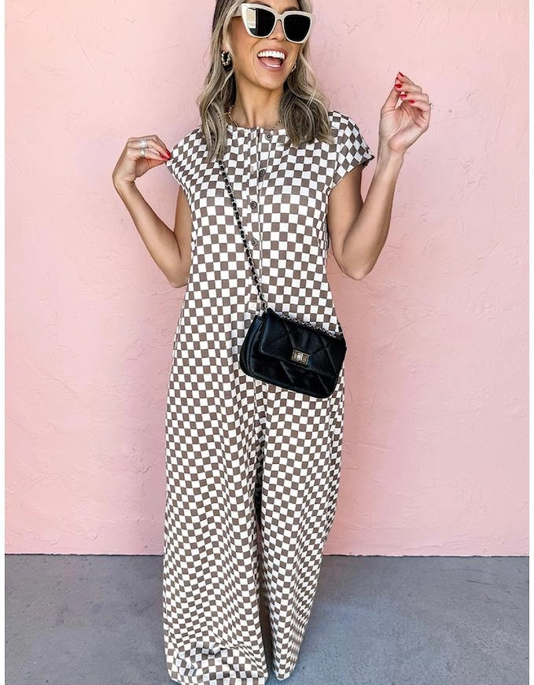 Khaki Checkered Print Buttoned Crew Neck Wide Leg Jumpsuit