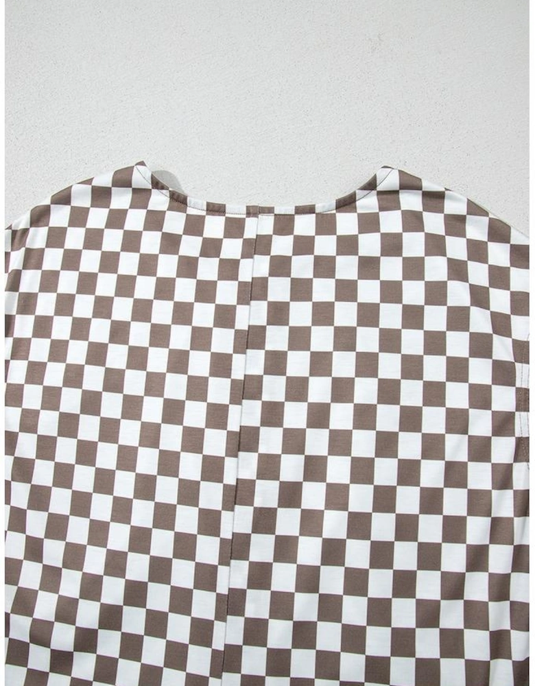 Khaki Checkered Print Buttoned Crew Neck Wide Leg Jumpsuit