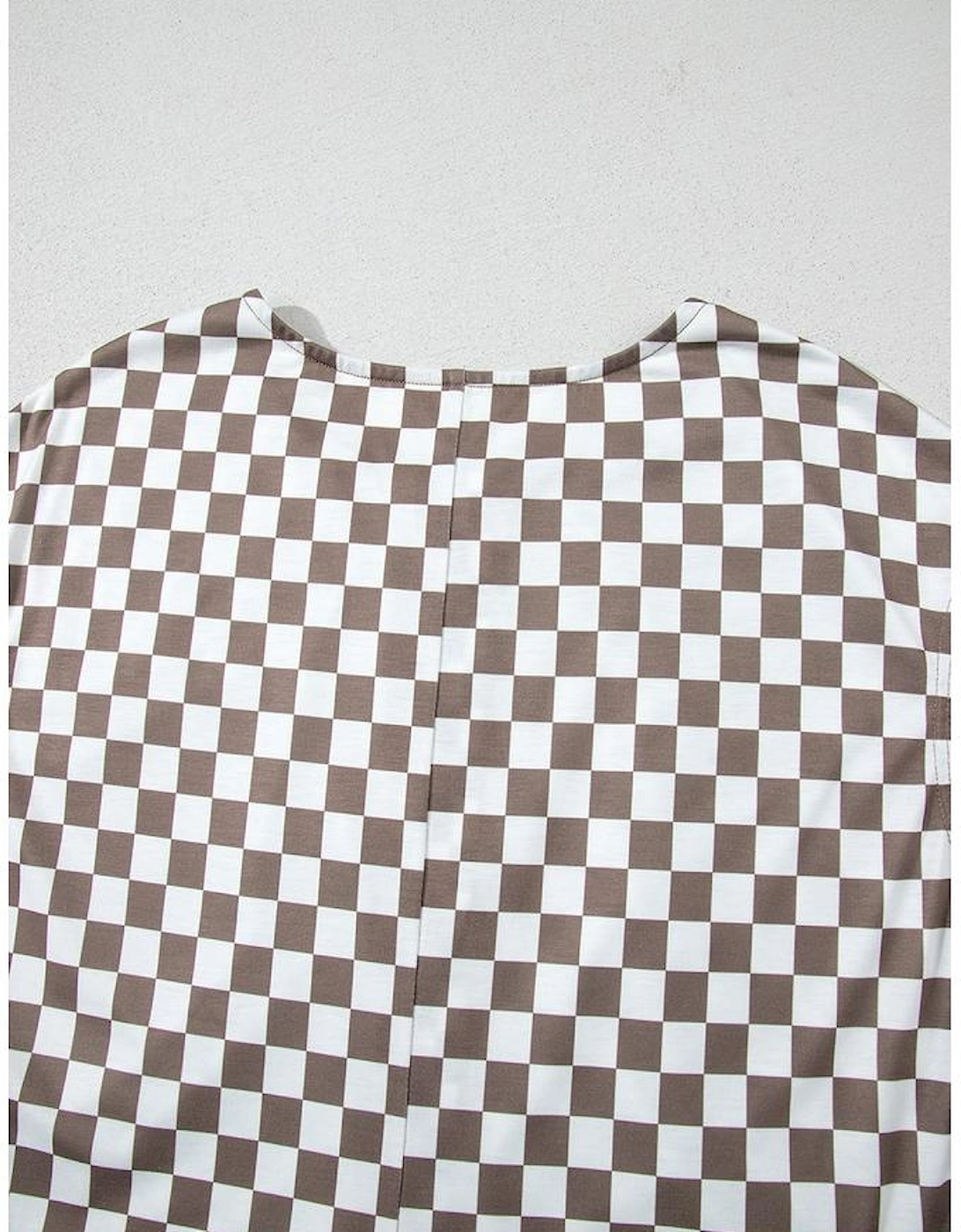 Khaki Checkered Print Buttoned Crew Neck Wide Leg Jumpsuit