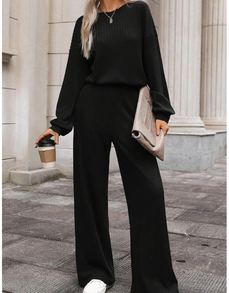 Black Solid Ribbed Knit Keyhole Back High Waist Jumpsuit