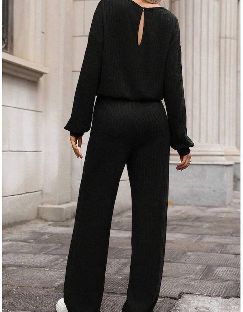 Black Solid Ribbed Knit Keyhole Back High Waist Jumpsuit