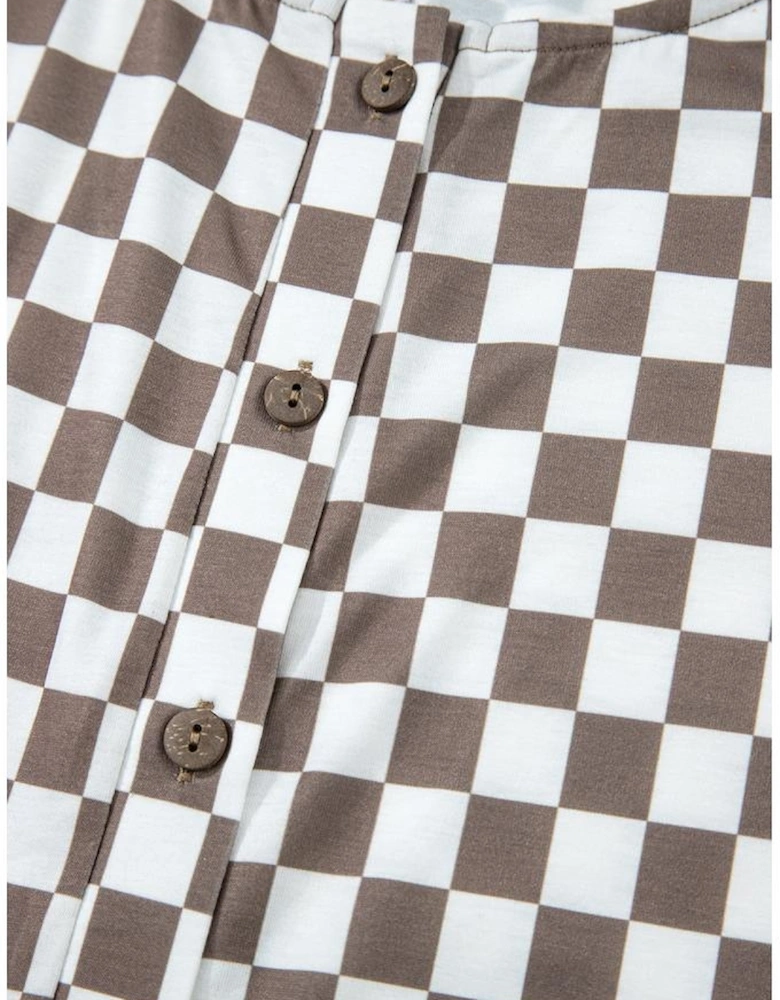 Khaki Checkered Print Buttoned Crew Neck Wide Leg Jumpsuit