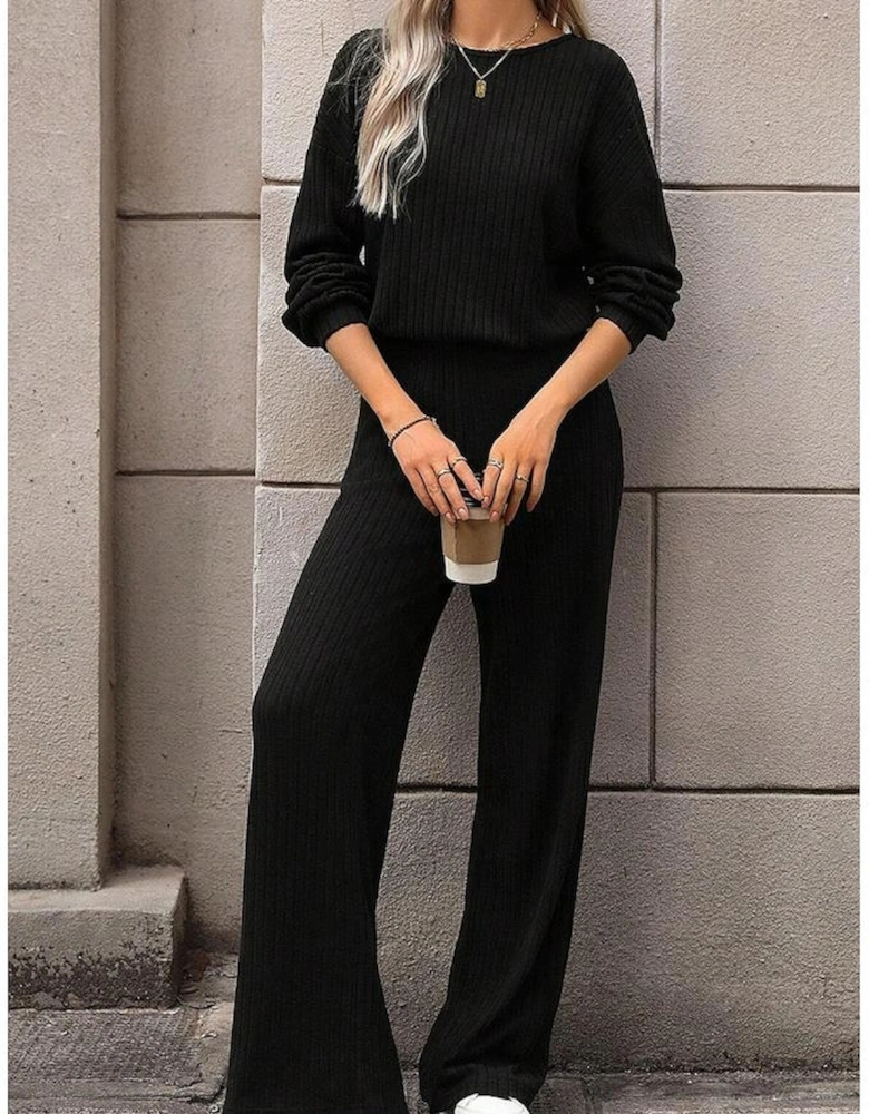 Black Solid Ribbed Knit Keyhole Back High Waist Jumpsuit