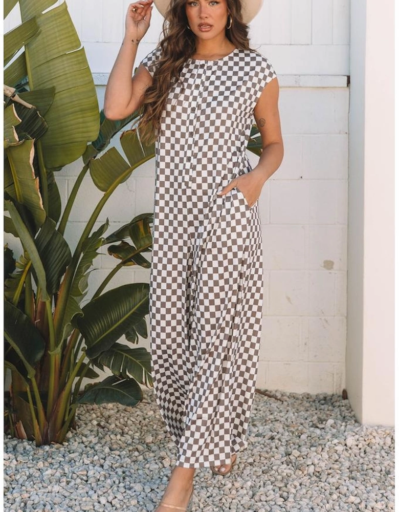 Khaki Checkered Print Buttoned Crew Neck Wide Leg Jumpsuit