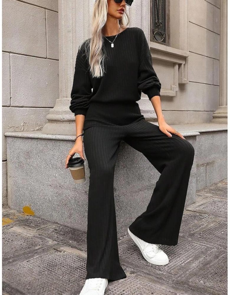 Black Solid Ribbed Knit Keyhole Back High Waist Jumpsuit