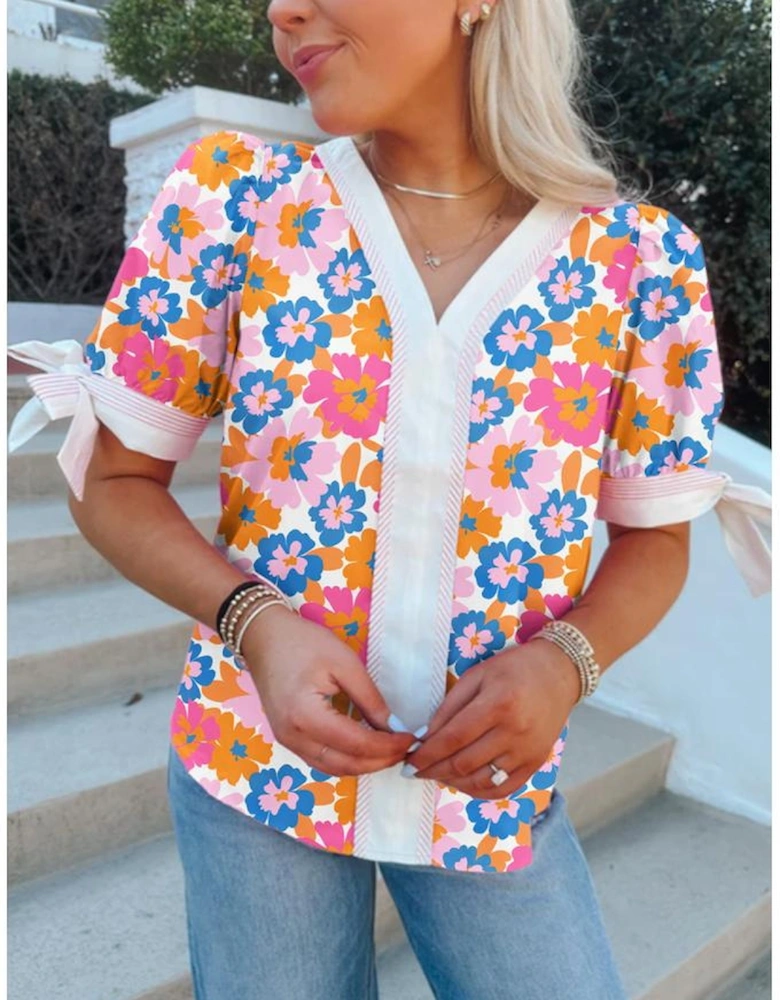 White Floral Colorblock Striped Edge V Neck Knotted Short Sleeve Blouse