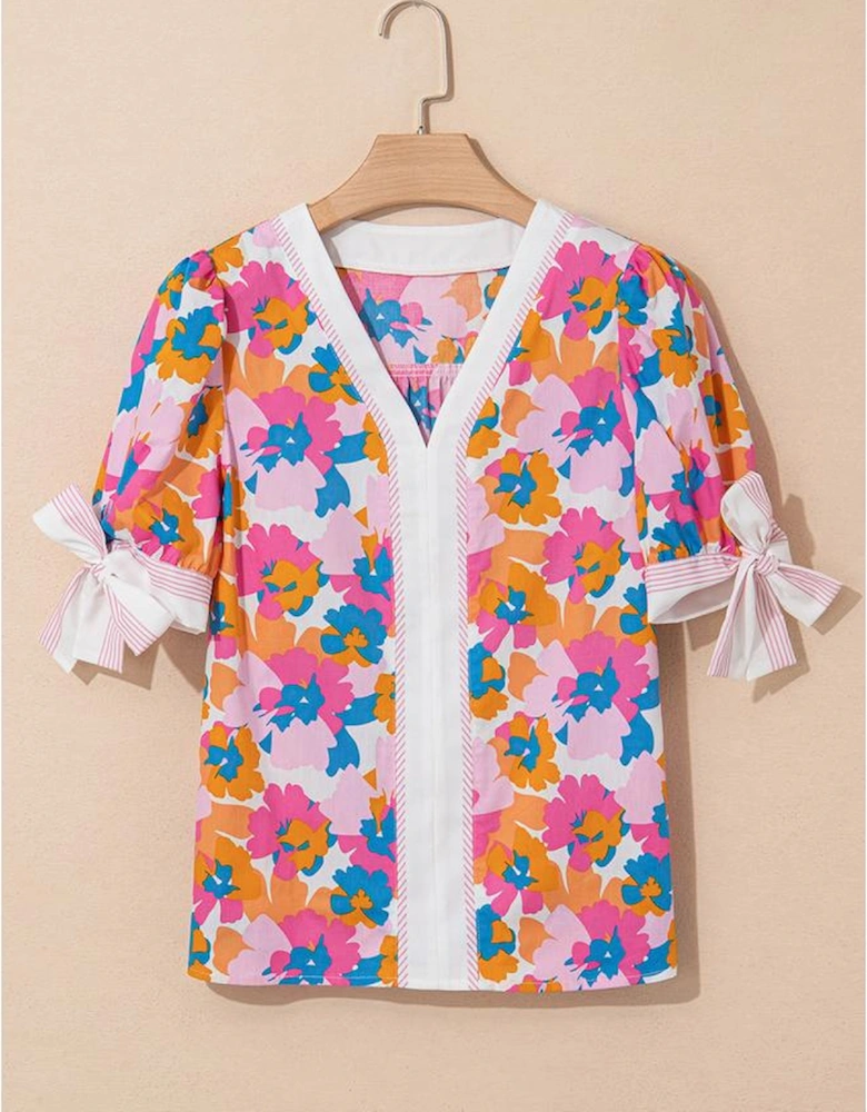White Floral Colorblock Striped Edge V Neck Knotted Short Sleeve Blouse