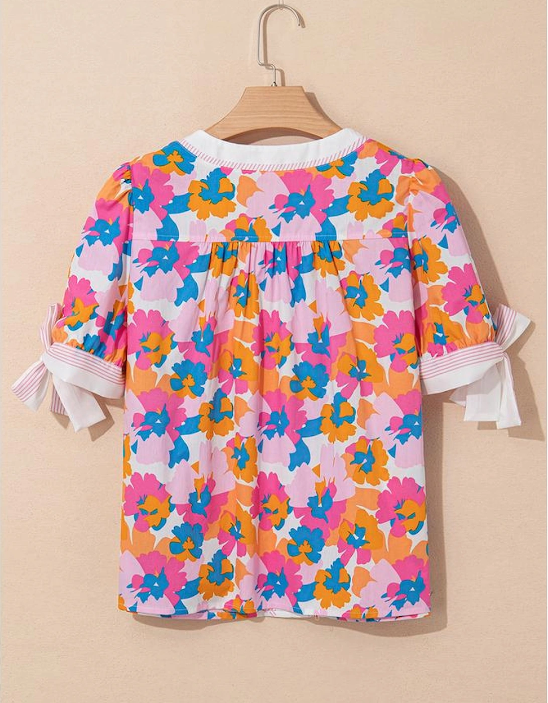 White Floral Colorblock Striped Edge V Neck Knotted Short Sleeve Blouse